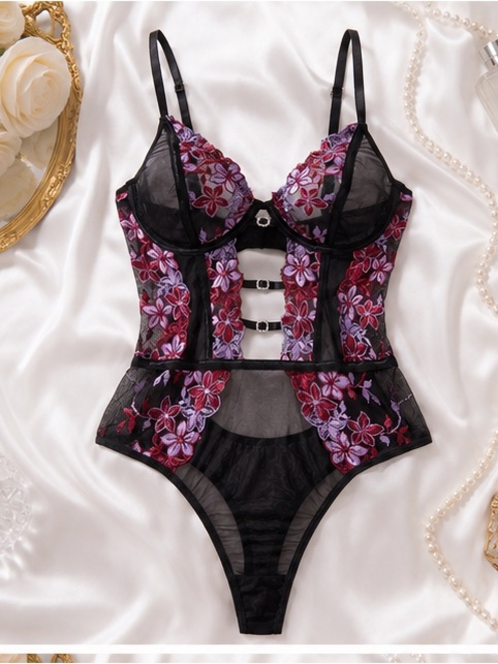 Floral Embroidered Mesh Teddy Bodysuit Lingerie